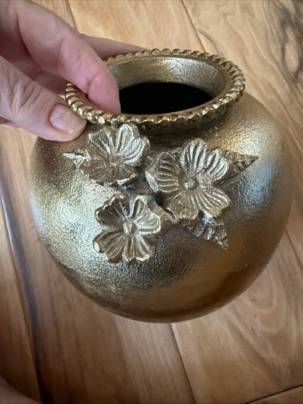 Hollywood Regency Rococo Decor Cast Metal Ornate Gold Floral Accent Vase